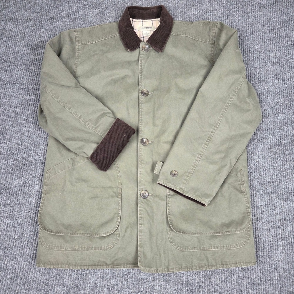 J.Crew Mens Barn Jacket Olive Green Canvas Flannel Lined Corduroy Collar Medium